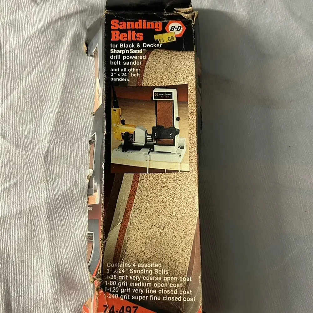 Tools and accessories- screwdriver, sanding belts, wire brush, wedges, disc pad